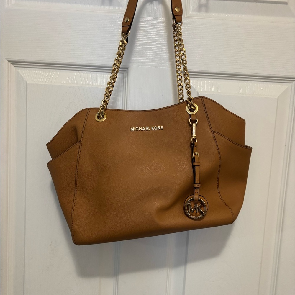 Michael Kors Brown Leather Shoulder Bag with Gold Accents